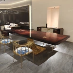 Molten Gold Pedestal Dining Table with Deep Red Burl Wood Top and Inlaid Motif